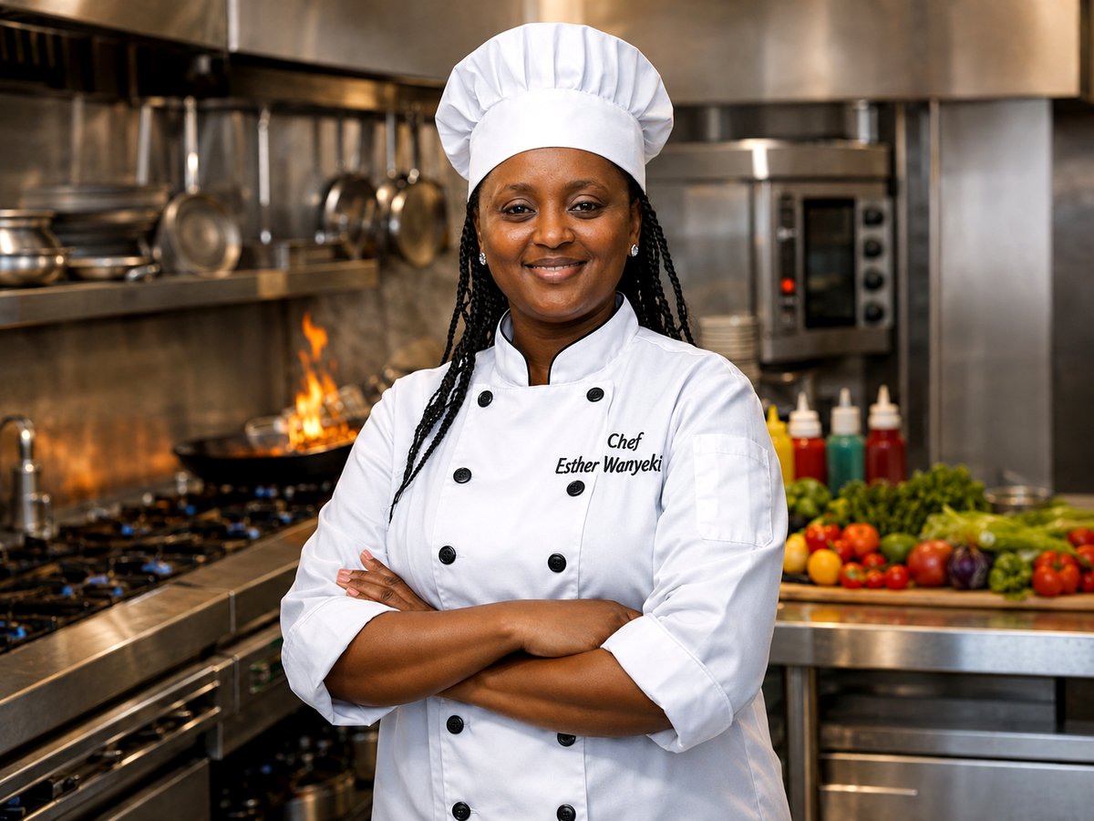 Chef Esther Wanyeki in the kitchen at Nguruman Waterfront Resort