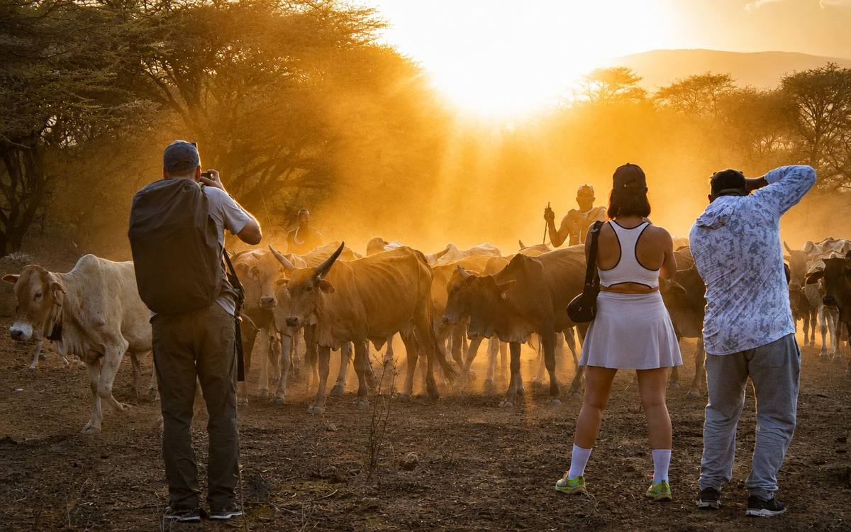 Maasai herders bringing cattle home at sunset, guests photographing nearby